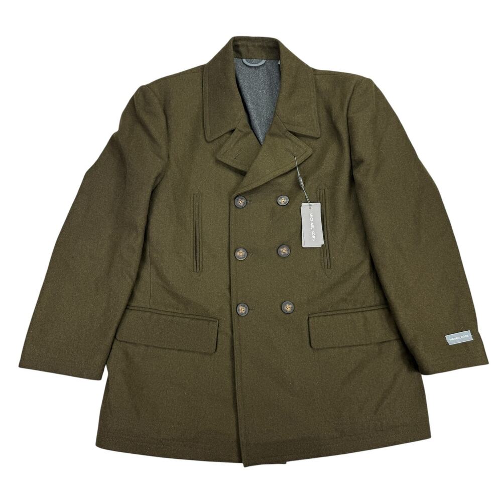 Michael Kors Mens Classic Fit Double-Breasted Wool Blend Peacoat Olive Green 42S